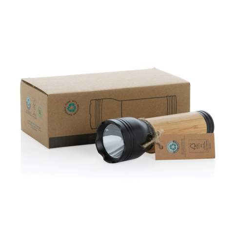 USB rechargeable 3W torch made with FSC® 100% bamboo and RCS (Recycled Claim Standard) certified recycled ABS. Total recycled content: 20% based on total item weight. RCS certification ensures a completely certified supply chain of the recycled materials. The torch comes with 1200 mah grade-A lithium battery. The torch can be operated up to 4.5 hours on one single charge and recharged via type c in 2.5 hours.  The beam distance is 100 metres and provides 120 lumen. With 3 modes (bright, medium and flash). Including RCS certified recycled TPE charging cable. Packed in FSC® mix kraft packaging. Item and accessories 100% PVC free.<br /><br />PowerbankCapacity: 1200<br />Lightsource: LED<br />LightsourceQty: 1<br />PVC free: true