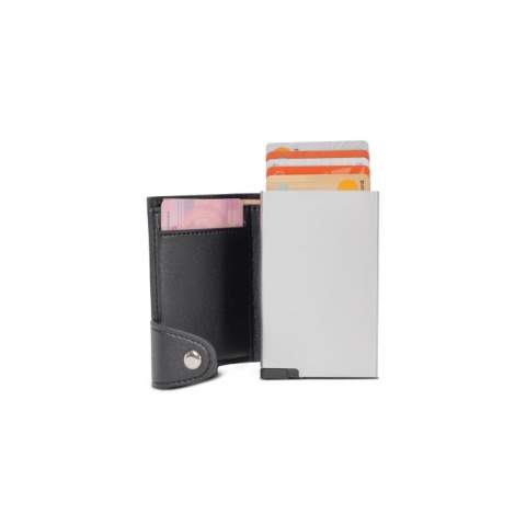 Sophisticated aluminum card holder with stylish leatherlook wallet. The card holder protects your cards against RFID skimming. Simply push the button and retrieve up to six cards (four with embossing). The wallet can hold another credit card and bank notes.