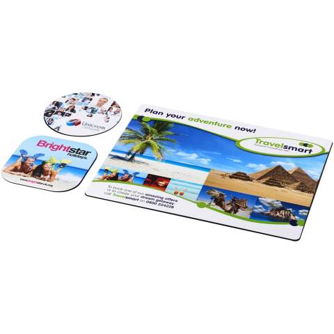 Supplied with a Brite-Mat mouse mat and a set of matching coasters. The set comprises of a rectangular mousemat (0.3 x 19 x 21cm), square coaster (0.3 x 9.5 x 9.5 cm) and round coaster ( 0.3 x  ø9.5cm).