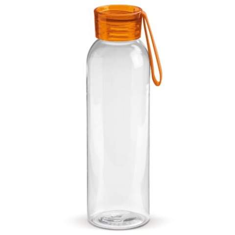 Single walled transparent Tritan drinking bottle with coloured cap. This useful water bottle has a silicone strap attached to the lid to carry or attach to a bag. Suitable for cold, non-carbonated drinks. BPA-free. Comes packaged in a gift box.