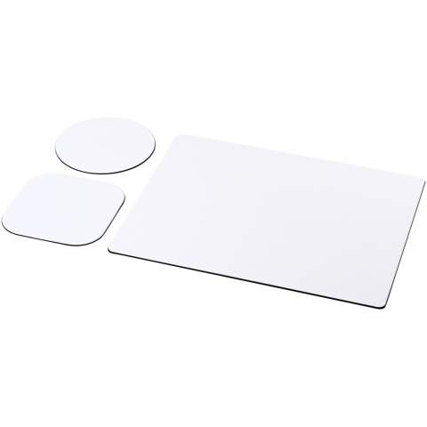 Supplied with a Brite-Mat mouse mat and a set of matching coasters. The set comprises of a rectangular mousemat (0.3 x 19 x 21cm), square coaster (0.3 x 9.5 x 9.5 cm) and round coaster ( 0.3 x  ø9.5cm).