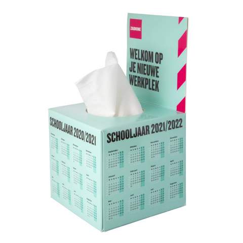 Vierkante tissuebox met flap, gevuld met 50 3-laags tissues.