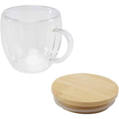 250 ml dubbelwandige glazen beker met isolatie, waardoor dranken langer warm blijven. Het meegeleverde bamboe deksel zorgt voor extra isolatie, helpt morsen te voorkomen en behoudt het aroma van de drank, waardoor het een praktische keuze is voor dagelijks gebruik.