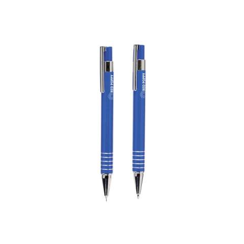 Metal writing set: blue ink ballpoint pen and refillable pencil with 3 HB refills (0.7 mm). Both with glossy coated barrels. In a gift tin. Items supplied as a set with, each set individually boxed.