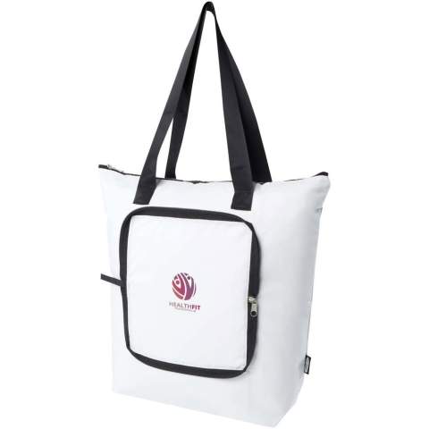 Designed for convenience and practicality, this lightweight yet durable tote cooler bag adapts to your needs by folding neatly into a compact pouch with a webbing loop to hang or carry around easily, making it perfect for picnics, grocery shopping, or outdoor adventures. Featuring a zipped main compartment with aluminium foil, a front open pocket, and two long handles made of quality smooth webbing material. Made of PVC free recycled polyester. Volume capacity: 15 litres.