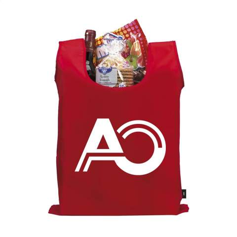WoW! Folding shopping bag made of 190T RPET polyester: made from recycled PET bottles. In a pouch with a press stud and carabiner. Meas. unfolded 53 x 38 cm.
