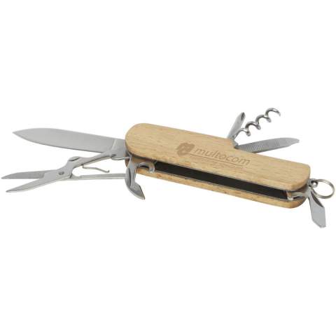 Sterk, duurzaam compact zakmes van hoogwaardig roestvrijstaal met handvatten van beukenhout. Dit is een onmisbaar zakmes voor elke scout, klusser en outdoorliefhebber. Heeft 7 functies: mes, kurkentrekker, vijl/vijlreiniger, sleutelring, platte schroevendraaier, fles-/blikopener en schaar. Het gebruikte beukenhout is van duurzame, milieuvriendelijke, maatschappelijk verantwoorde bronnen. De afmeting in geopende toestand is 17 x 2,5 cm en in gesloten toestand 9,5 x 2,5 cm. Wordt geleverd met een handleiding en is verpakt in een gerecyclede kartonnen geschenkverpakking met een afmeting van 12 x 4,5 x 2 cm. Lasergraveren wordt aanbevolen als duurzame decoratieoptie.