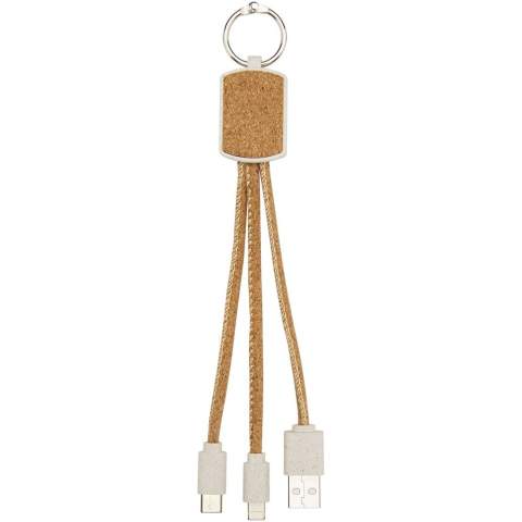 Câble de charge porte-clés 3-en-1 durable fabriqué en liège et paille de blé (70 % de paille de blé + 30 % TPE). Le câble de charge 3-en-1 Bates dispose d’un 1 embout de type C, d'un embout USB de type A et d'un embout double 2-en-1 compatible avec les appareils Apple iOS et Android. Pour charger des appareils Apple, branchez le câble avec le côté qui n’a aucune broche dans l’appareil et pour recharger les appareils Android branchez le câble avec le côté qui possède des broches dans l’appareil.