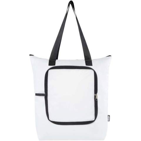 Designed for convenience and practicality, this lightweight yet durable tote cooler bag adapts to your needs by folding neatly into a compact pouch with a webbing loop to hang or carry around easily, making it perfect for picnics, grocery shopping, or outdoor adventures. Featuring a zipped main compartment with aluminium foil, a front open pocket, and two long handles made of quality smooth webbing material. Made of PVC free recycled polyester. Volume capacity: 15 litres.