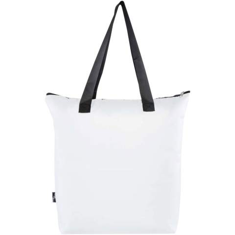 Designed for convenience and practicality, this lightweight yet durable tote cooler bag adapts to your needs by folding neatly into a compact pouch with a webbing loop to hang or carry around easily, making it perfect for picnics, grocery shopping, or outdoor adventures. Featuring a zipped main compartment with aluminium foil, a front open pocket, and two long handles made of quality smooth webbing material. Made of PVC free recycled polyester. Volume capacity: 15 litres.
