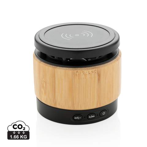 This ECO bamboo charger combines listening to your favorite tunes with charging your phone wirelessly. Simply connect the included 150 cm micro cable to your USB charger at home or in the office and you are ready to go. It contains a 3W wireless speaker and a 5W wireless charger. The speaker has a 400 mAh battery and BT 4.2 that allows a playtime up to 3 hours and operating distance up to 10 metres. When using both functions simultaneously, make sure the item is connected to a power source. Wireless charging compatible with all QI enabled devices like Android latest generation, iPhone 8 and up. Input: 5V/1A, Wireless output: 5V/1A 5W<br /><br />HasBluetooth: True<br />WirelessCharging: true<br />NumberOfSpeakers: 1<br />SpeakerOutputW: 3.00