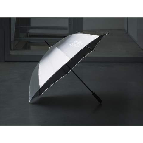 Opvallend zichtbare paraplu van 190T fluorescerend 'high-visibility' polyester. Met automatische telescoopvering, glasvezel frame, metalen steel, soft grip en klittenbandsluiting.