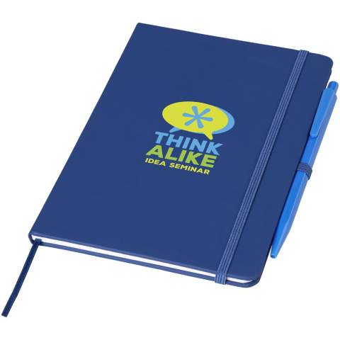 Hardcover notebook including pen with colour matching elastic closure, ribbon page marker and pen loop. Features 50 sheets of white lined pages. Colour matching pen with black ink refill.