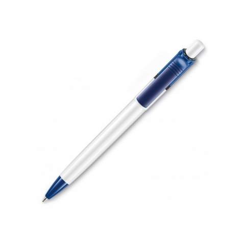 The Ducal Colour ball pen is a white hardcolour ball pen with coloured parts and a black ring. Includes a X20 refill with blue writing ink. The pen has a pusher mechanism and is made of ABS, made in Europe. From orders of 5.000 pieces, you can choose your own colour combination.