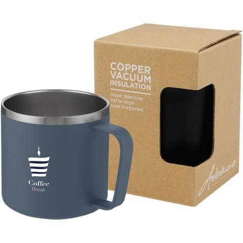 The Nordre double-walled copper vacuum insulated 18/8 stainless steel mug with outdoor design is part of the Nordic collection. The on-trend powder-spray finish makes the mug extra durable. BPA-free, tested and approved under German Food Safe Legislation (LFGB). Tested and approved for phthalates content according to REACH regulations. Volume capacity is 350 ml. Hand wash recommended. Presented in a recycled cardboard gift box.