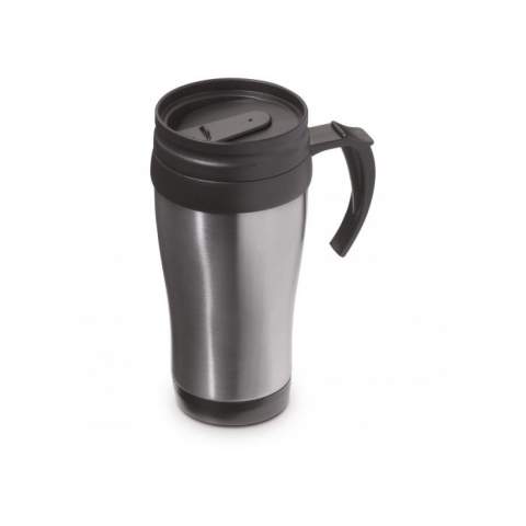 Coffee mug suitable for hot drinks. Metal on the outside and plastic on the inside. Delivered in a gift box.