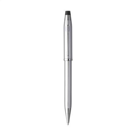 Black ink Cross ballpoint pen. The chrome barrel is highly finished with a classic line pattern and chrome metal clip and accent. With smooth twist-action mechanism. Complete with a Cross lifetime guarantee. Each piece in a luxurous Cross gift case.