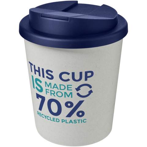 Double-wall insulated tumbler with a secure twist-on spill-proof lid. The lid clips closed to better prevent spillages, and is manufactured without silicone for a fully recyclable mug. The tumbler is made of 100% recycled PP plastic and the lid is made of food grade PP plastic. The shades of black or white may vary, and the white option has a texture colour effect, due to the nature of the recycled material. Volume capacity is 250 ml. Supplied in a home compostable bag. Made in the UK.