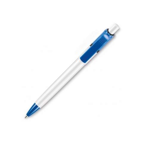 The Ducal Colour ball pen is a white hardcolour ball pen with coloured parts and a black ring. Includes a X20 refill with blue writing ink. The pen has a pusher mechanism and is made of ABS, made in Europe. From orders of 5.000 pieces, you can choose your own colour combination.