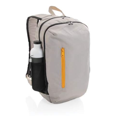 The Impact AWARE™ 300D RPET casual backpack offers plenty of storage. The front zip pocket provides secure small-item storage for quick access. A middle compartment holds 2 open pockets and the main compartment features a 15 inch laptop compartment. Comfortable shoulder straps and 2 outer mesh pockets for your bottles. Perfect for carrying your gym gear or to go on a hike. The exterior is made with100% 300D recycled polyester, the lining is 100% 150D recycled polyester. With AWARE™ tracer that validates the genuine use of recycled materials. Each bag saves 9.2 litres of water and has reused 15.39 0.5L PET bottles. 2% of proceeds of each Impact product sold will be donated to Water.org.<br /><br />FitsLaptopTabletSizeInches: 15.0<br />PVC free: true