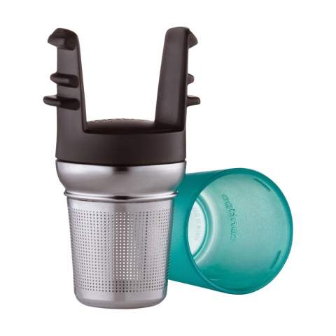 Tea on the go with this removable tea filter, consisting of 3 components: a stainless steel strainer basket, equipped with tiny, etched holes, a screw lid snap and a leak cup. Suitable for both tea bags and loose tea. This accessory is BPA-free and only fits the Contigo®.  STOCK AVAILABILITY: Up to 1000 pcs accessible within 10 working days plus standard lead-time. Subject to availability.  West Loop Mug Item 4972. Each item is individually boxed.