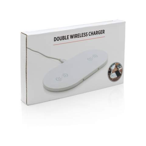 Double 5W wireless charging pad that allows you to charge two mobile phones simultaneously without any wires. Simply plug in the wireless charging pad using the 150 cm micro USB cable to a USB power source and you can charge your phone whenever you want by simply placing them on the pad. When charging two devices it is recommended to use a 2.1A USB charger to maintain the optimal charging speed. Made out of ABS. Wireless charging compatible with all QI enabled devices like Android latest generation, iPhone 8 and up. Input: 5V/1A, wireless output 5V/1A 5W.