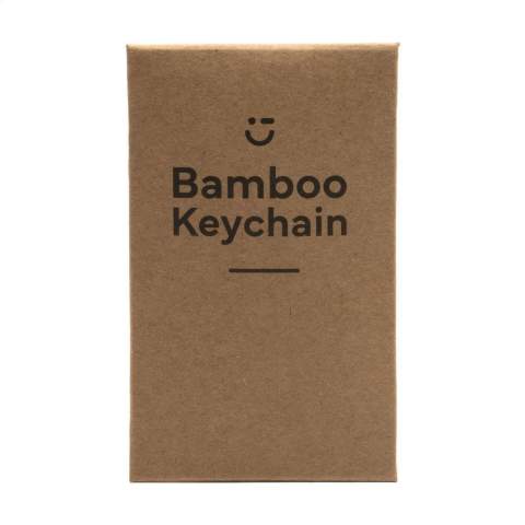 A rectangular, polished, metal keyring with bamboo wooden inlay and a sturdy keyring. Each item is supplied in an individual brown cardboard envelope.