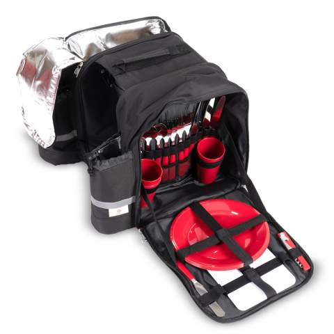 Spacious double picnic bicycle bag. An extensive dinnerware set on the one side and a padded and insulated cooler compartment on the other. The insulated bottle holders have reflective strips for visibility in the dark. The universal hooks allows this bag to be mounted to various types of racks, including e-bikes.