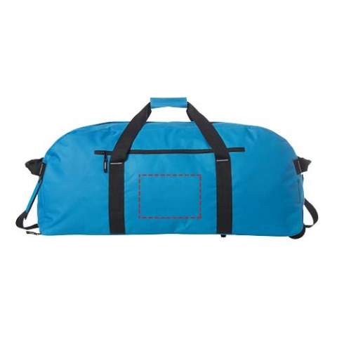 Grand sac de voyage avec compartiment principal zippé, poche avant zippée et roulettes.