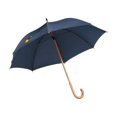 Paraplu met 190T polyester bespanning, metalen frame, houten steel en handgreep en klittenbandsluiting.