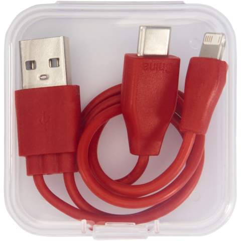 3 in 1 USB laadkabel met een USB type C uiteinde en een 2 in 1 dubbel compatibel uiteinde voor Apple® iOS en Android apparaten. Micro USB uitgang en 2 in 1 uiteinde tot 2A. Type C uitgang tot 3A. Geleverd in een beschermhoes.