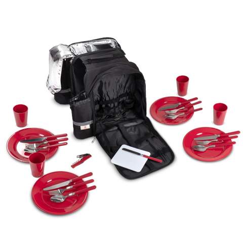 Spacious double picnic bicycle bag. An extensive dinnerware set on the one side and a padded and insulated cooler compartment on the other. The insulated bottle holders have reflective strips for visibility in the dark. The universal hooks allows this bag to be mounted to various types of racks, including e-bikes.
