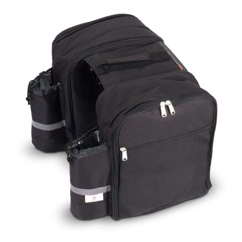 Spacious double picnic bicycle bag. An extensive dinnerware set on the one side and a padded and insulated cooler compartment on the other. The insulated bottle holders have reflective strips for visibility in the dark. The universal hooks allows this bag to be mounted to various types of racks, including e-bikes.