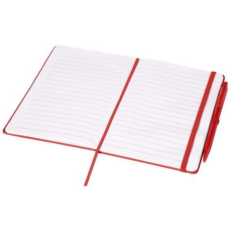 Hardcover notitieboek inclusief pen met bijpassende elastische sluiting in kleur, lint als bladwijzer en pennenlus. Voorzien van 50 vellen wit gelinieerd papier. Bijpassende pen in kleur met zwarte navulbare inktvulling.