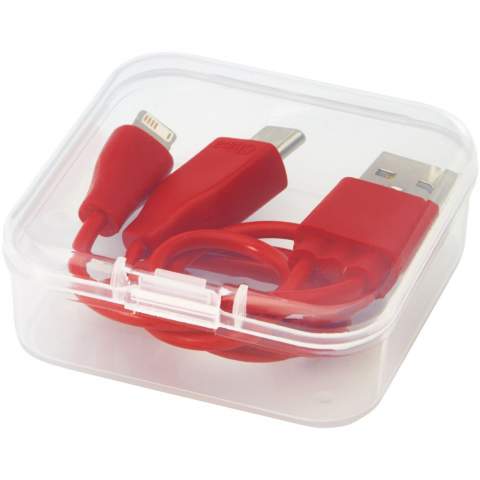 3-in-1 USB-Ladekabel mit einem USB, Typ-C, und einem 2-in-1 doppelt kompatiblen Anschluss für Apple® iOS- und Android-Geräte. Mikro-USB-Ausgang und 2-in-1 Anschluss bis zu 2 A. Typ-C Ausgang bis zu 3 A. Geliefert in einer Schutzhülle.