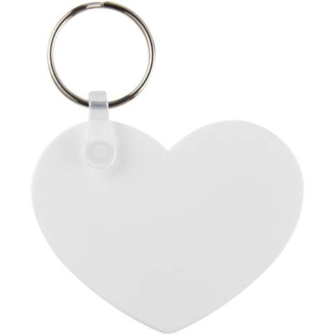 White heart-shaped keychain with metal split keyring. The metal looped ring offers a flat profile which is ideal for mailings.
