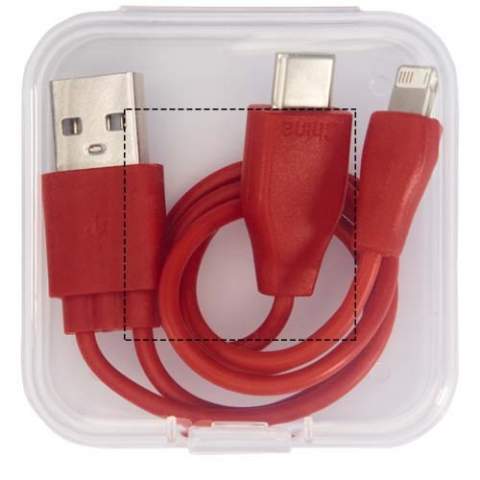 Câble de charge USB 3-en-1 avec embout USB de type C et embout double 2-en-1 compatible avec les appareils Apple® iOS et Android. Sortie Micro USB et embout 2-en-1 jusqu'à 2 A. Sortie type C jusqu'à 3 A. Livré dans un étui de protection.