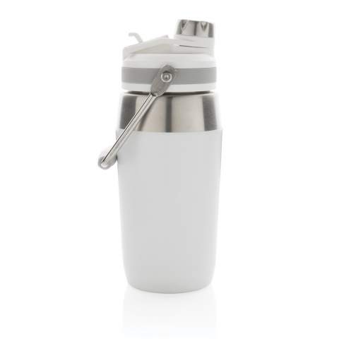 The ultimate stainless steel bottle for on-the-go versatility. The lid has a dual function that has both a flip top straw and screw cap so you can choose how you want to drink from the bottle! The bottles features a top handle for easy carrying.  Double wall vacuum insulated stainless steel keeps beverages hot for up to 5 hours or cold for up to 15 hours. A powder coat finish creates a highly durable exterior. Capacity 500ml. BPA free.