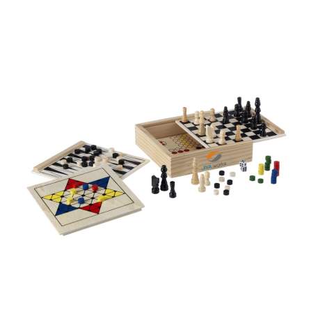 5 classic games in a wooden box. Incl. instructions. Each piece in a protective cardboard sleeve.