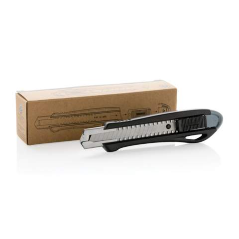 Refillable RCS certified recycled plastic snap-off knife made with RCS (Recycled Claim Standard) certified recycled ABS and stainless steel blade. Total recycled content: 36% based on total item weight. RCS certification ensures a completely certified supply chain of the recycled materials. This versatile knife features a snap-off blade design, allowing you to easily replace the SK4 blade when it becomes dull. Whether you need to cut through cardboard, plastic, or even thin sheets of metal, the snap-off knife is up to the task. The sharp, durable blade ensures that you'll get clean, precise cuts every time. The knife is also incredibly easy to use. The comfortable handle provides a secure grip, allowing you to maintain complete control as you cut. Plus, the lightweight design makes it easy to carry with you wherever you go. Packed in FSC® mix kraft package. The item comes with 1 blade inside the item and two extra blades.
