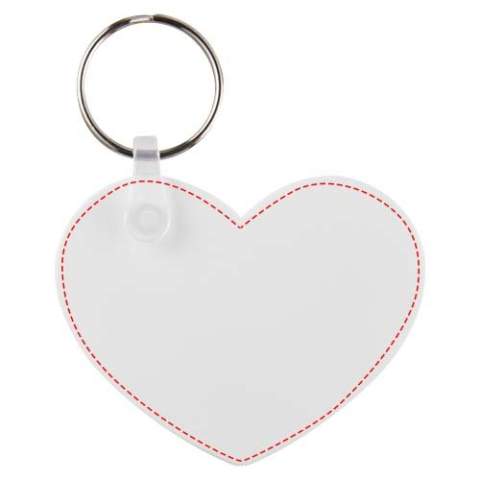 White heart-shaped keychain with metal split keyring. The metal looped ring offers a flat profile which is ideal for mailings.