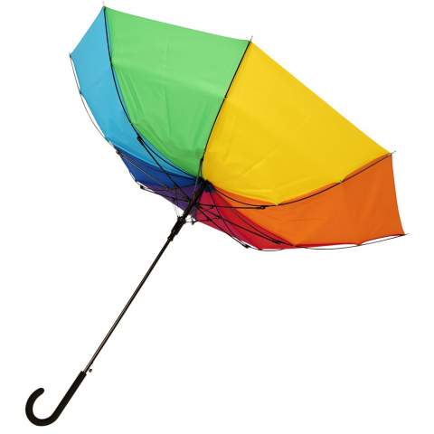 Automatic opening umbrella with a rainbow coloured pongee polyester canopy. Sturdy metal shaft, high quality full fiberglass frame offering maximum flexibility in windy conditions. Soft touch crooked handle and nickel plated tips and top. Large decoration area on any panel possible offering different creative logo solutions.
