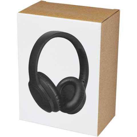 Wireless headphones made of recycled plastic. The headphones includes a microphone to answer phone calls, and the over-ear design of the earcups gives a fantastic sound experience. Bluetooth® 5.2 with a connection range of up to 10 meters. Ergonomic design with spongy earcups for a comfortable fit. The earcups can be folded up and rotated. The built-in 300mAh rechargeable battery provides up to 12 hours playback time at max volume. Delivered in a gift box with an instruction manual (both made of sustainable material).