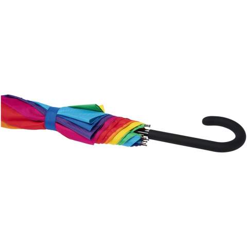 Automatic opening umbrella with a rainbow coloured pongee polyester canopy. Sturdy metal shaft, high quality full fiberglass frame offering maximum flexibility in windy conditions. Soft touch crooked handle and nickel plated tips and top. Large decoration area on any panel possible offering different creative logo solutions.