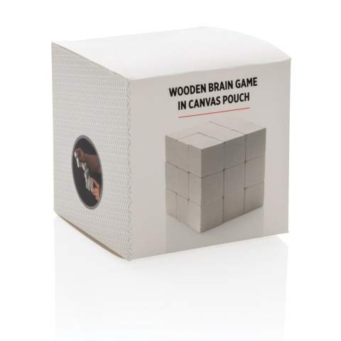 Challenge yourself with this wooden brain game! This beautiful and intriguing puzzle is made of interlocking wooden pieces that form a cube. Releasing the cube is easy, but putting it back together is a different story!The puzzle a joy to play with and ensures some brain teasing fun. The brain teaser comes in a canvas pouch for easy storage.