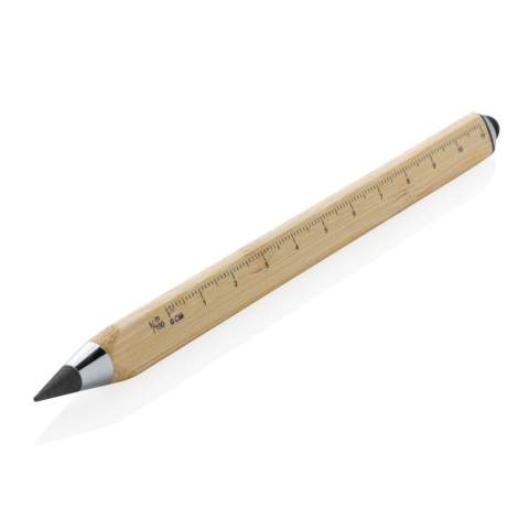 Modern infinity pen made with FSC® 100% certified bamboo. Triangle shaped body, one side with CM indication and one side with Inches. Traditional wooden pencils write only up to around 200 metre but this Tree free infinity pencil, has a writing length of up to around 20000 metres using a graphite tip to produce a graphite line. Not only does it write like a pencil, but the markings can be erased. It works by leaving a graphite line on paper just like a regular traditional wooden pencil but it wears down so slowly, that it should outlast up to 100 traditional wooden pencils! With touch tip to operate mobile device. Packed in FSC® mix packaging.