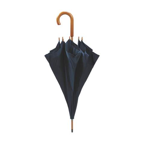 Paraplu met 190T polyester bespanning, metalen frame, houten steel en handgreep en klittenbandsluiting.