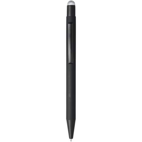 Rubber coated stylus ballpoint pen with click action mechanism. The stylus tip colour matches the laser engraved underlayer of the pen. Pen has a metal clip, rubber stylus and is made out of aluminium. Writing length: 450 m.