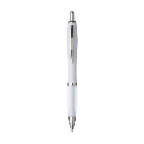 Blauschreibender oder schwarzschreibender Kugelschreiber mit weißem Gehäuse, farbigem, grifffestem Vorderstück und Metallclip.