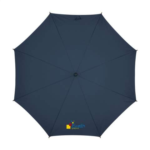 Umbrella with 190T polyester canopy, metallic frame, wooden shaft, handle and velcro fastener.